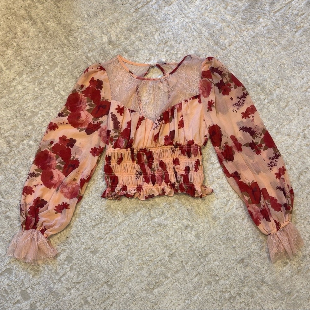 Free People Pink and Red Floral Blouse